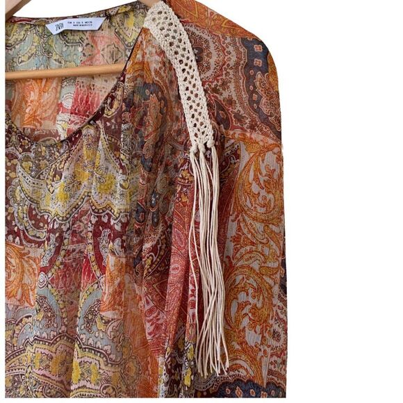 Zara Boho Orange Western Print with Tassel Sheer Tops Size S - Picture 5 of 6